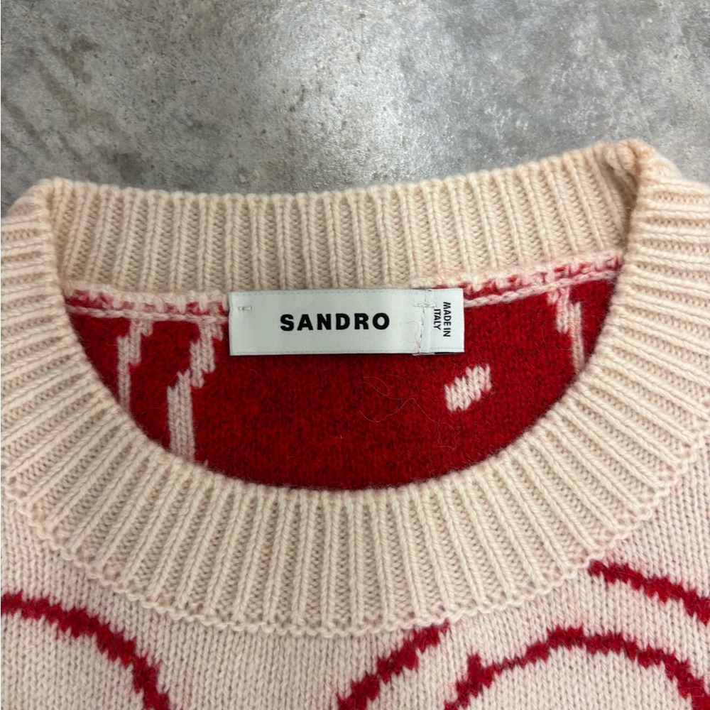 Sandro Cream and‎ Red Crewneck Sweater with Playful Smiley Pattern - Picture 2 of 3